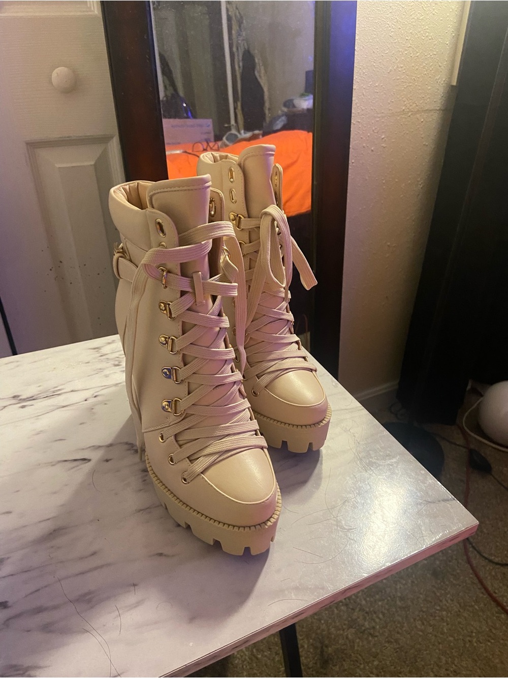 Beige Lug Sole Lace-Up Platform Ankle Boots